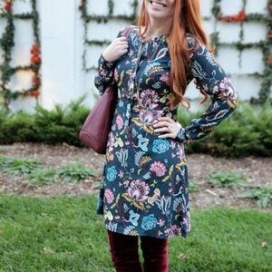 LOFT Size 0 floral long-sleeve dress with vibrant print & A-line silhouette.